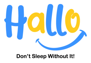 Hallo logo in blue, yellow and black with 'don't sleep without it! tagline under the logo