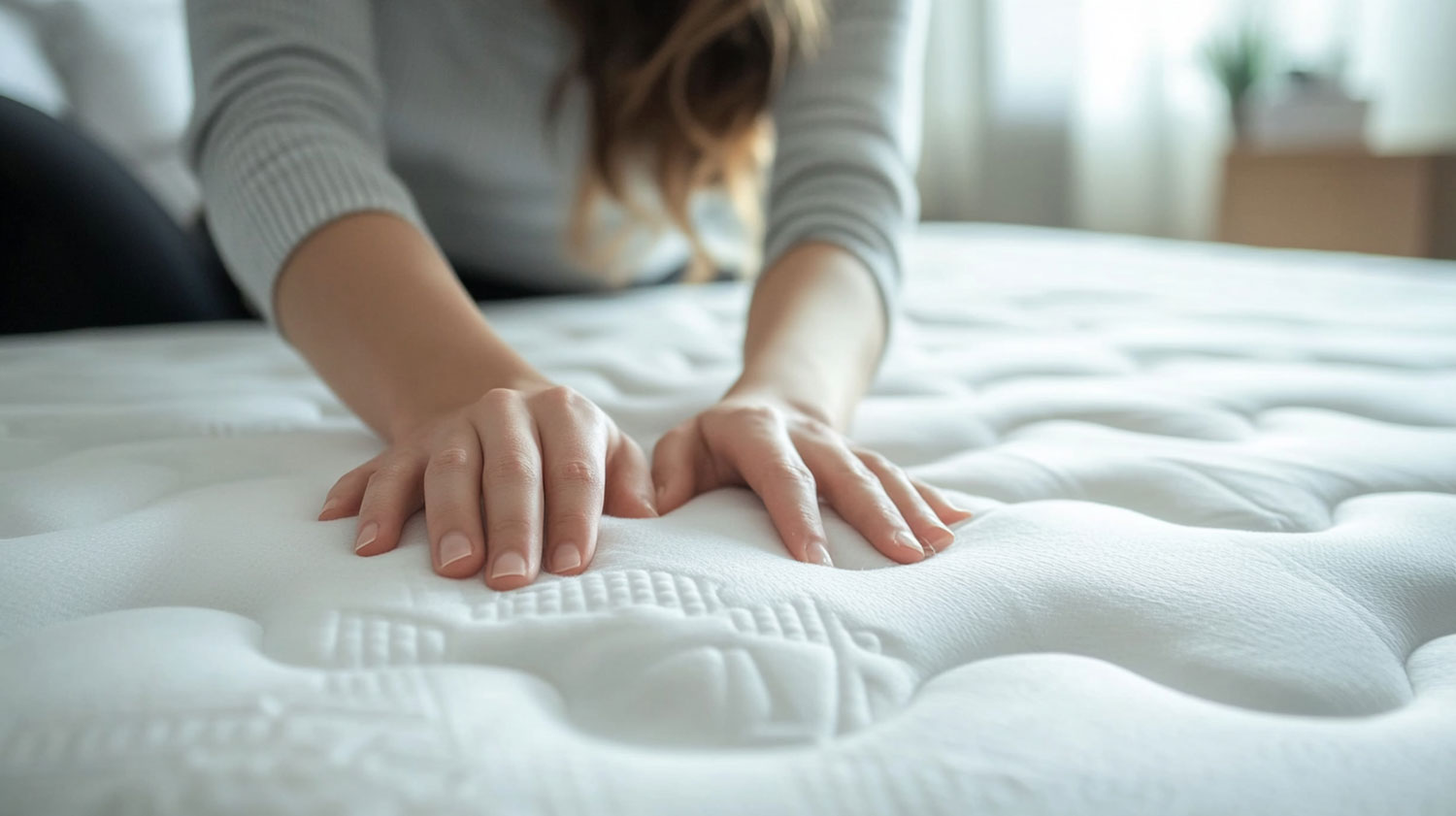 lady placing her hands on a mattress